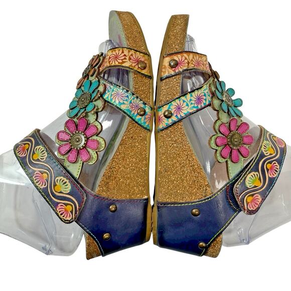 L'Artiste Delight Size 37 /7 Wedge Slide Sandals Comfort Floral Leather Colorful - Picture 7 of 11